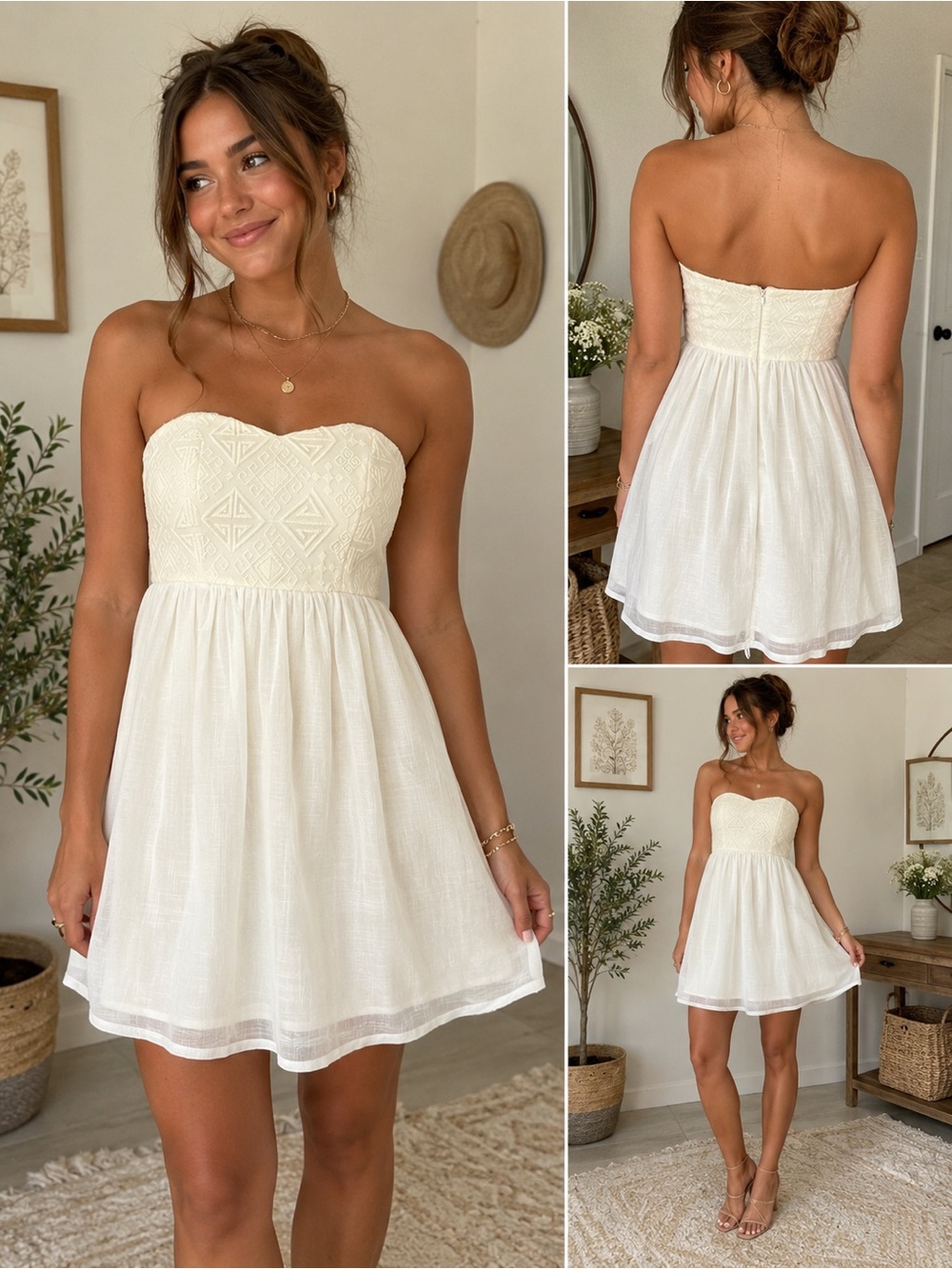 Charlotte Russe Ivory Strapless Babydoll Mini Dress Women’s Medium Boho Cottage